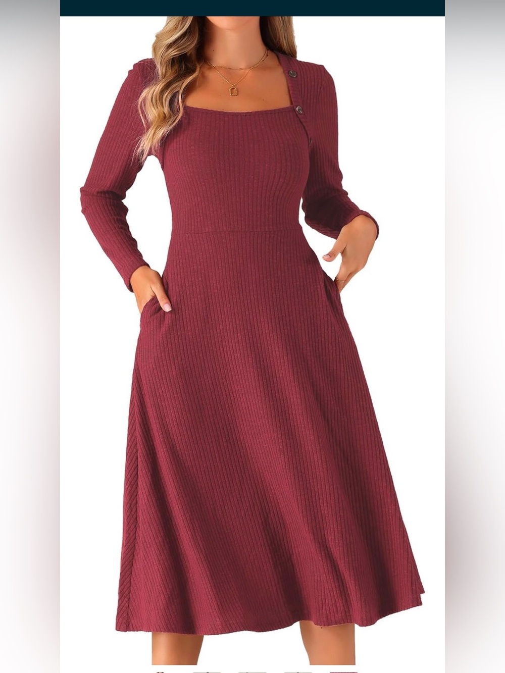 Allegra K Burgundy Ribbed Long Sleeve Midi Dress